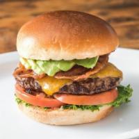 (206) Burger · 1/4 lb Natural Beef Patty, fresh avocado, 2 strips of bacon, cheddar cheese,  lettuce, tomat...