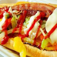 Super Cheesy Bacon Dog · Beef hot dog with bell peppers, onions, cheese, and bacon.