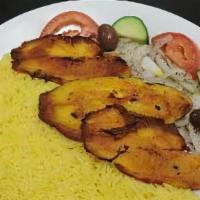 #28. Fish Plate · Grilled fish served with rice, seasoned onion, tomato, cucumber, pita and tzatziki sauce.