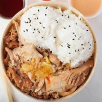 Shredded Chicken Bento Bowl · Choice of our simmered shredded chicken nested on a bed of napa cabbage. Served with white o...
