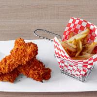 Chicken Tenders And Fries · Three hand cut chicken breasts, marinated in buttermilk, hand breaded and fried golden and c...