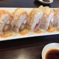 Liz Roll · Spicy. Tempura shrimp, cream cheese, cilantro, jalapeno, rolled in soy paper, topped with cr...