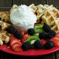 Waffle Dipper Platter · 8 mini waffles, dusted with freebies (cinnamon sugar, powdered sugar, and whipped cream) and...