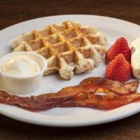 Kids Plate · Kid's 3/4 sized waffle, Protein side, fruit side of strawberry and banana