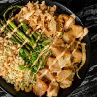 Hamachi Crunch Poke Bowl · Hamachi poke, grilled asparagus, spicy sprouts, crispy onion, tempura crunch, sriracha aioli...