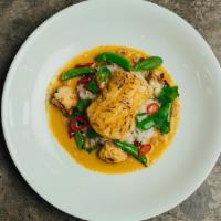 Oven Roasted Wild Cod · steamed + crispy rice, snap peas, cauliflower, thai peanut coconut curry sauce