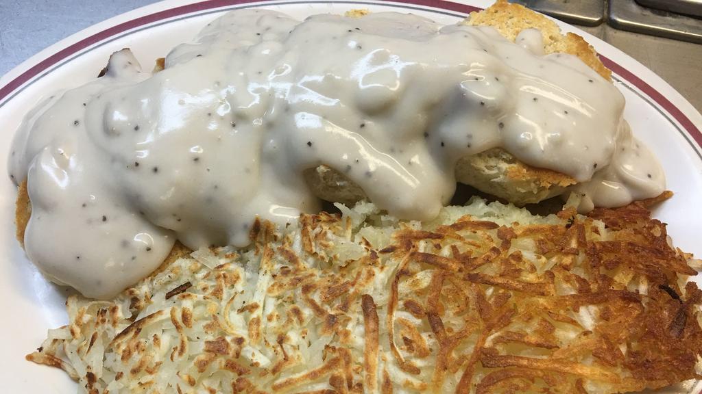 Biscuits & Gravy · Served with hash browns only.