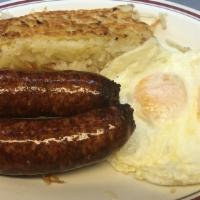Italian Sausage & Eggs · Two links of Italian sausage and two eggs served with hash browns and toast or pancakes or F...