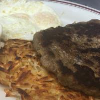 Beefteki & Eggs · Greek style beef steak and two eggs served with hash browns and toast or pancakes or French ...