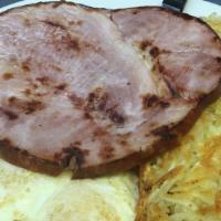 10 Oz. Ham Steak & Eggs · Served with two eggs, hash browns and your choice of toast, pancakes or French toast.