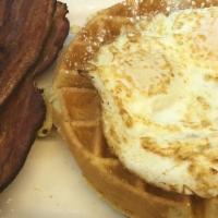 Waffle Sandwich · Two eggs and ham, bacon or sausage.