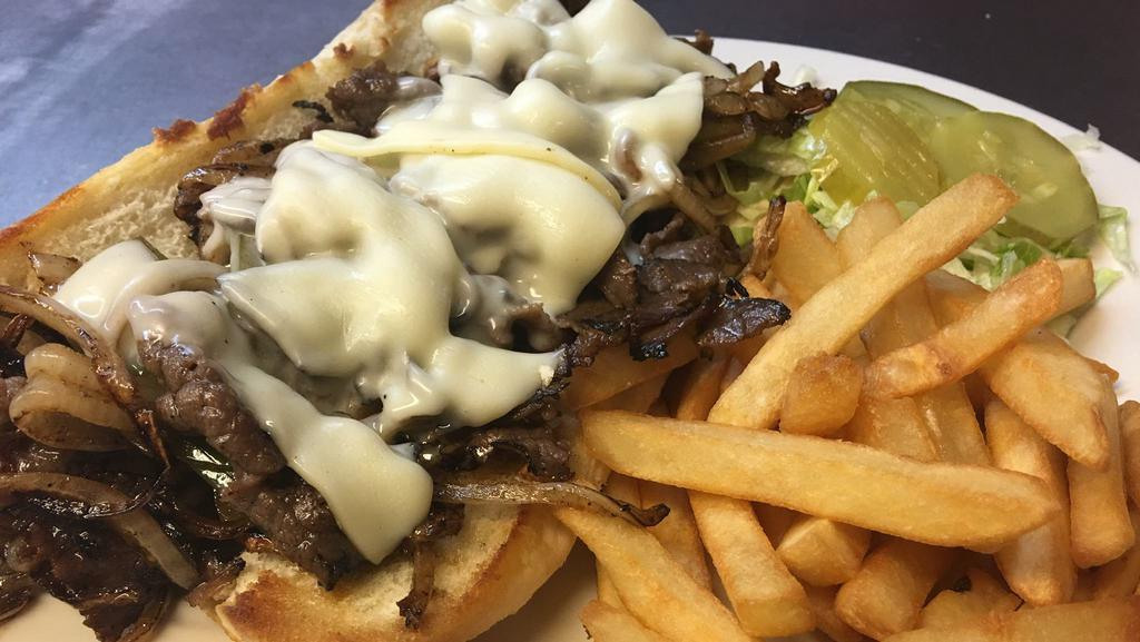 Philly Cheese Sandwich · Sliced beef with sauteed onions, mushrooms and green peppers topped with melted Swiss cheese.