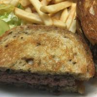 1/2 Pound Patty Melt · Beef patty on rye bread with Swiss cheese and grilled onions.