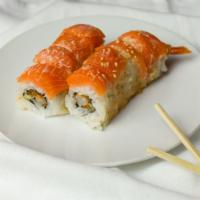 #18. Sushi Jo · Shrimp tempura and cucumber, salmon and avocado, eel sauce, yum yum, spicy mayo.