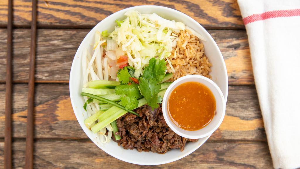 Rice Bowl · Choice of protein with Korean seasoned rice, pico de gallo, cabbage slaw, bean sprouts, cucumber, cilantro, and salsa.