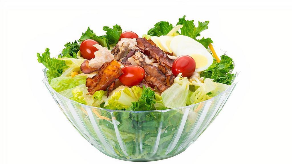 Chicken Bacon Salad  · There are no substitutions to this salad. Lettuce, Shredded Cheese, Chicken Breast Strips, Bacon, Hard Boiled Eggs and Grape Tomatoes