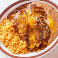 3 Mole Enchiladas · Three Enchiladas smothered in Mole sauce. Served with rice and refried beans.