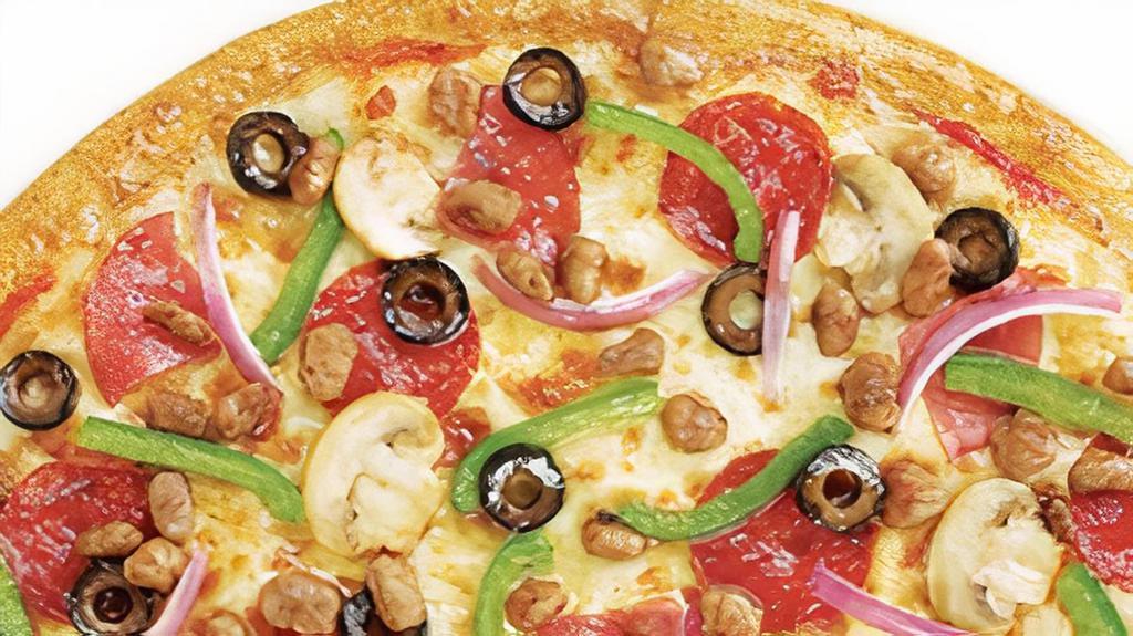 The Werx · pepperoni, mushrooms, ham, beef, green peppers, black olives & red onions
