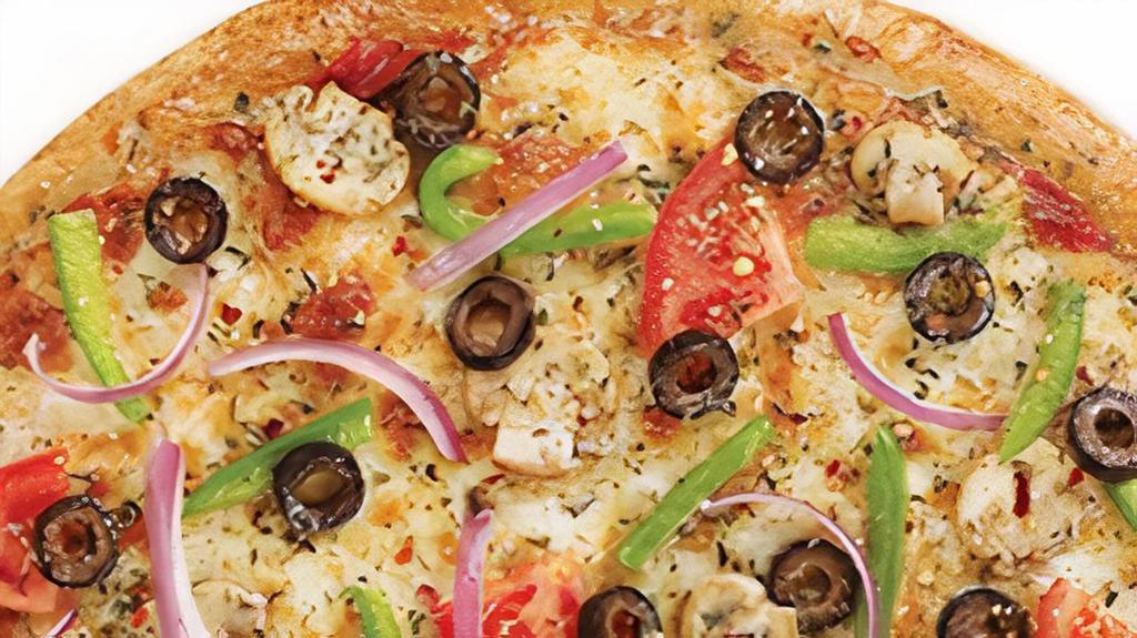 California Veggie · mushrooms, green peppers, red onions, black olives, tomatoes, garlic & classic spices