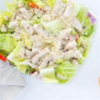 The Chicken Chop Salad · Fresh greens, chicken breast, Roma tomatoes, red onions, tri-color peppers, and grated Parme...