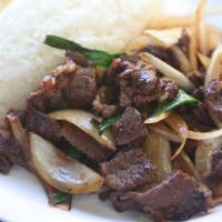 Mongolian Beef · Served with steamed rice.