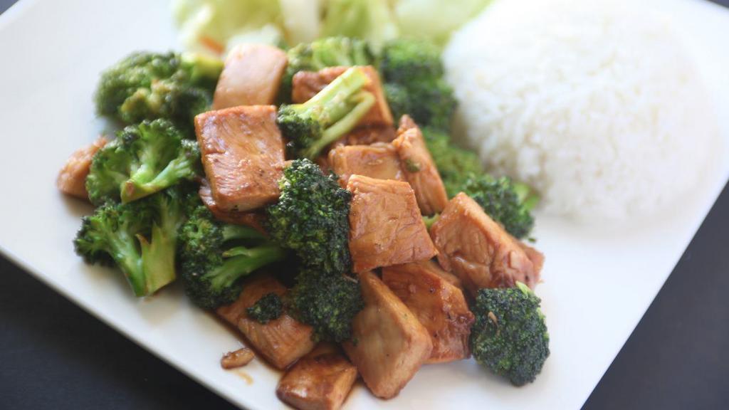 Broccoli Chicken · Served with steamed rice.