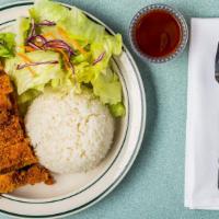 Chicken Katsu · Served with rice and salad.