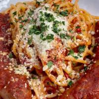 Spaghetti Pomodoro & Sausage · Tomato Basil Sauce + House Sausage
