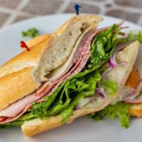 Georgioso (George'S Favorite, Double Meat) · Salami, ham, provolone, red onions, mayo,  Italian dressing and lettuce on a french roll
