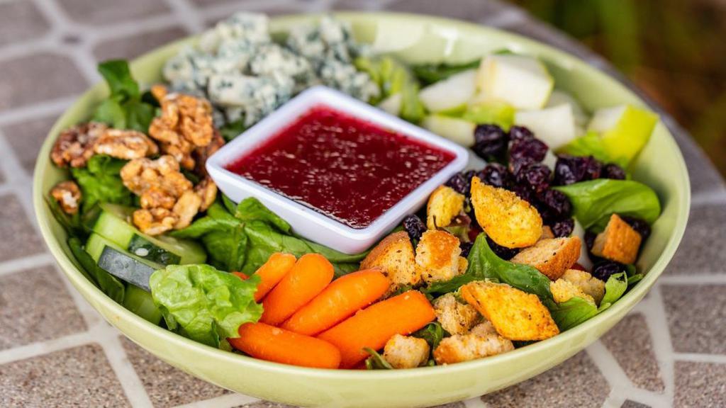 Apple Gorgonzola · Apple slices, gorgonzola, tomatoes, carrots, cucumbers, cranberries, candied nuts, and croutons with raspberry vinaigrette on a bed of fresh greens.
