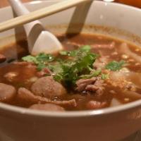 Beef Meat Ball Noodle Soup · Beef broth with rice noodle sliced beef, beef ball, bean sprouts, cilantro and green onion.