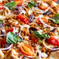 Salsiccia Pizza · House marinara, five cheeses, grape tomatoes, kalamata olives, house blend sausage, red onio...