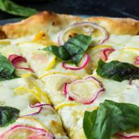 Limone Pizza · Olive oil base, garlic, red onion, sliced lemons, five cheeses and basil.