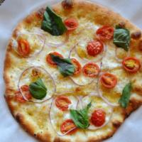 Margherita Pizza · Olive oil base, garlic, five cheeses, grape tomatoes, red onion and basil.