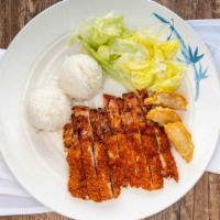 Chicken, Chicken Katsu, & Gyoza (3 Pieces) · Comes​ ​with steamed​ ​rice​ and​ ​salad.