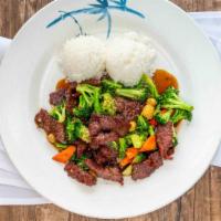 Broccoli​ ​Beef · Comes​ ​with steamed​ ​rice​ ​and​ ​salad.