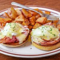 Classic Benedict. · House brined & smoked ham, poached eggs, English muffin, hollandaise, potatoes