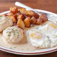 Biscuits & Gravy. · House made buttermilk biscuit, country gravy, choice of two eggs, potatoes