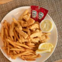 Calamari Strips · Lightly breaded squid strips, served over crispy French fries.