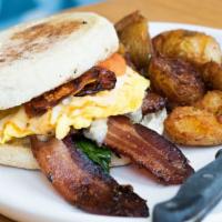 Prep'S Breakfast Sammie · Our bacon muenster and white cheddar roasted tomatoes spinach scrambled egg tomato aioli eng...