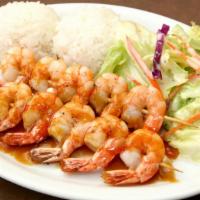 Shrimp Teriyaki · Grilled Shrimp Skewer Teriyaki with Steamed Rice and Steamed Veggies.