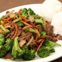 Broccoli Beef · Stir fried Beef with Broccoli served with Rice.