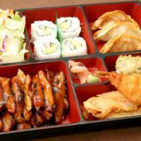 Bento Box · California Roll, Tempura Shrimp, Gyoza, Salad.