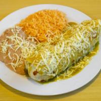 # 19 Smothered Chile Verde Burrito Combo · Pork meat with green chile homemade sauce on a tortilla with rice and beans, smothered burri...