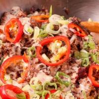 Hangover Fries · Seasoned ground beef, caramelized onion, American cheese, pickled fresno chilis, scallion, a...