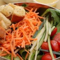 Mixed Greens · Cucumber, cherry tomatoes, carrots, and croutons.. Choose from buttermilk ranch, citrus vina...