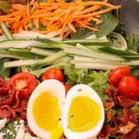 Craft Cobb · Mixed greens, carrots, cucumber, tomatoes, blue cheese crumbles, and soft boiled egg.. Choic...