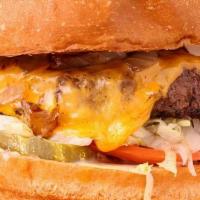 Craft Burger · House pattied ground beef, American cheese, caramelized onion, pickles, lettuce, tomatoes, a...