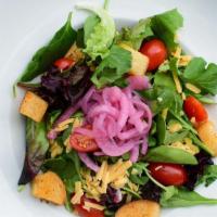 House Salad · mixed greens with shredded cheddar, 
tomatoes, pickled red onions, croutons
and choice of dr...