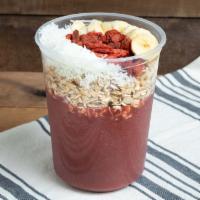 Tropical Sunrise · Acai, Mango, Pineapple and Strawberry
- Topped with: Granola, Banana, Goji Berries and Coconut